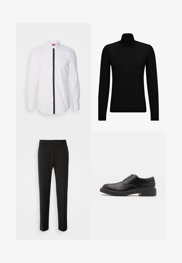 Crni dukserica s visokim ovratnikom, napravljena od mekanog materijala, s dugim rukavima i priljubljenim krojem. Rebrasti detalji na donjem rubu i rukavima. Jednostavan dizajn.; Bijela košulja dugih rukava s crnim vertikalnim prugama sprijeda, s gumbastim ovratnikom i glatkom teksturom.; Crni hlače od glatkog materijala, s ravnim nogavicama, zatvaranjem na dugme i klasičnim dizajnom prikladnim za formalne ili ležerne prilike.; Crne kožne cipele s vezanjem i zaobljenim vrhom, glatke teksture, minimalnim šavovima i niskim gumiranim potplatom. Logo se nalazi na peti.