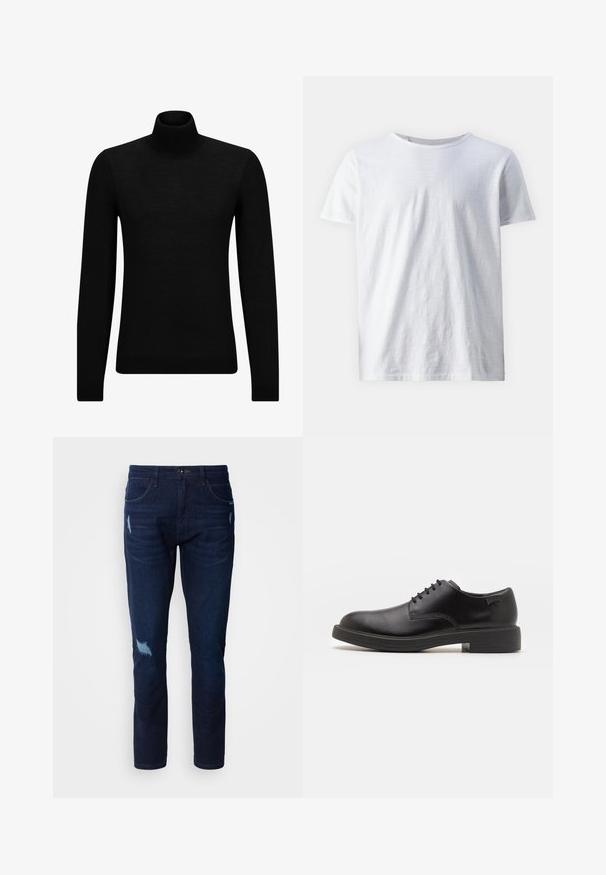 Černý rolák vyrobený z měkkého materiálu, s dlouhými rukávy a těsným střihem. Hladký lem na spodním okraji a manžetách. Jednoduchý design.; Bílý krátký rukáv tričko z lehkého materiálu. Kolem krku hladký výstřih bez viditelných vzorů nebo akcentů.; Tmavě modré džíny z denimu se rovnýma nohama, s obnošenými záplatami a drobným třepením. Klasický design s pěti kapsami a zapínáním na knoflík.; Černé kožené šněrovací boty s kulatou špičkou, hladkým povrchem, minimálním prošíváním a nízkým gumovým podpatkem. Logo na patě.