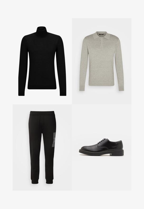 Zwarte coltrui van zacht materiaal, met lange mouwen en een snug fit. Geribbelde afwerking aan de onderkant en mouwen. Eenvoudig ontwerp.; Lange mouwen lichtgrijze polo shirt gemaakt van zachte stof, met een drie-knopen sluiting en geribbelde mouwen, met een klassiek kraagontwerp.; Calvin Klein HORIZONTAL LOGO SWEATPANTS - Trainingsbroek - black; Zwarte leren veterschoen met een ronde neus, een gladde textuur, minimale stiksels en een lage rubberen hak. Logo op de hak.