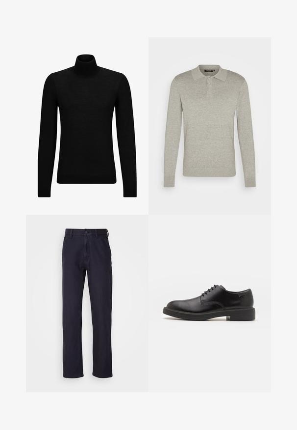 Juodas aukšto kaklo megztinis, pagamintas iš minkštos medžiagos, su ilgomis rankovėmis ir prigludusia forma. Su raukiniais apačioje ir rankogaliuose. Paprastas dizainas.; Ilgais rankovės šviesiai pilkas polo marškinėlis, pagamintas iš minkštos medžiagos, su trimis sagų užtrauktuku ir įgulos rankovėmis, turintis klasikinio tipo apykaklės dizainą.; Jūriniai chinos pagaminti iš medvilnės mišinio audinio, su mygtukų užsegimu, tiesiomis kojomis ir minimaliais akcentais klasikinam stiliui.; Juodas odinis batų modelis su raišteliais, apvaliu nosiu, lygiu paviršiumi, minimaliai siuvinėjimu ir žemu guminėmis pakulne. Ant pakulnės šalia logo.