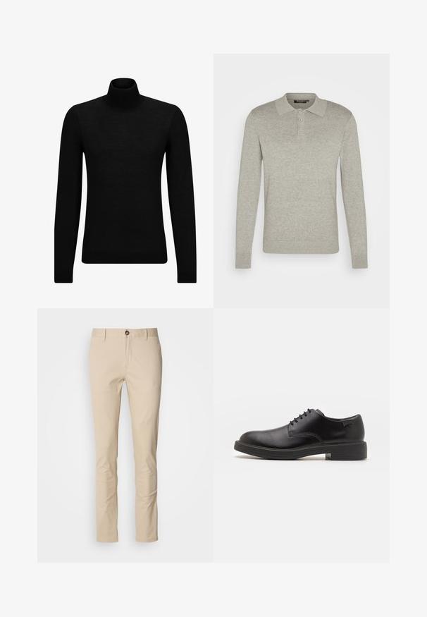 Mustahuivi neule, joka on valmistettu pehmeästä materiaalista, jossa on pitkät hihat ja tiukka istuvuus. Ribbaus reunassa ja hihansuissa. Yksinkertainen muotoilu.; Vaaleanharmaa pitkähihaisen polo-paidan, joka on valmistettu pehmeästä kankaasta ja jossa on kolmen napin pääntie ja resorihihansuut, sekä klassinen kaulustyyli.; Beige puuvillapökät tiheällä leikkauksella, jossa on nappikiinnitys, hienovarainen koostumus ja tavalliset taskut. Yksinkertainen muotoilu, ilman kuvioita tai yksityiskohtia.; Mustat nahkasaappaat, joissa on pyöreä kärki, sileä pinta, minimaalinen ommel ja matala kumipohja. Logo kannassa.
