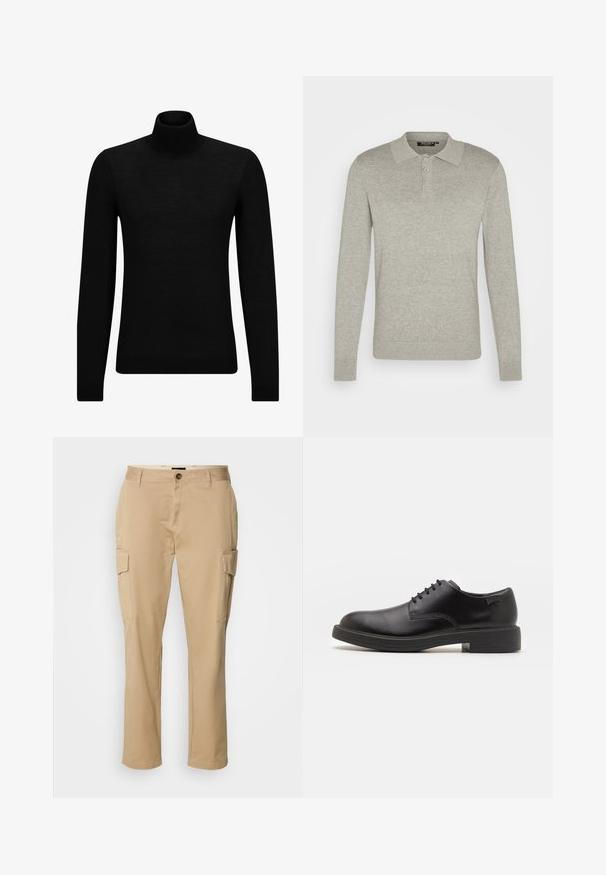 Zwarte coltrui van zacht materiaal, met lange mouwen en een snug fit. Geribbelde afwerking aan de onderkant en mouwen. Eenvoudig ontwerp.; Lange mouwen lichtgrijze polo shirt gemaakt van zachte stof, met een drie-knopen sluiting en geribbelde mouwen, met een klassiek kraagontwerp.; Beige cargobroek van katoen. Bevat twee zijzakken, een knoopsluiting en een recht gesneden ontwerp. Gladde textuur, casual stijl.; Zwarte leren veterschoen met een ronde neus, een gladde textuur, minimale stiksels en een lage rubberen hak. Logo op de hak.