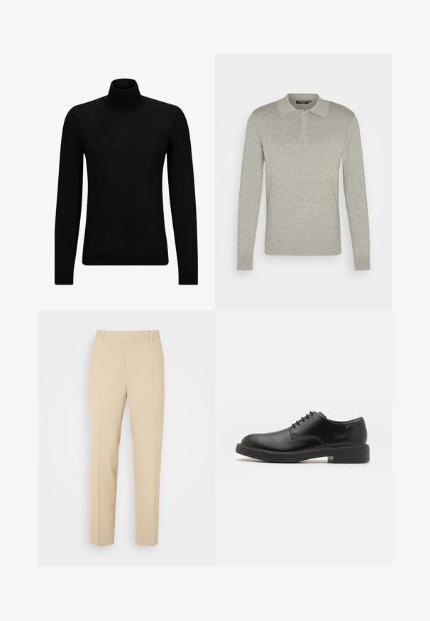 Crni dukserica s visokim ovratnikom, napravljena od mekanog materijala, s dugim rukavima i priljubljenim krojem. Rebrasti detalji na donjem rubu i rukavima. Jednostavan dizajn.; Polo majica dugih rukava svijetlosive boje, izrađena od mekog materijala, s tri dugmeta i rebrastim rukavima, s klasičnim dizajnom ovratnika.; Bež hlače krojene od lagane tkanine s ravnim nogavicama, koje imaju dva prednja džepa i uredno čekane nabore.; Crne kožne cipele s vezanjem i zaobljenim vrhom, glatke teksture, minimalnim šavovima i niskim gumiranim potplatom. Logo se nalazi na peti.