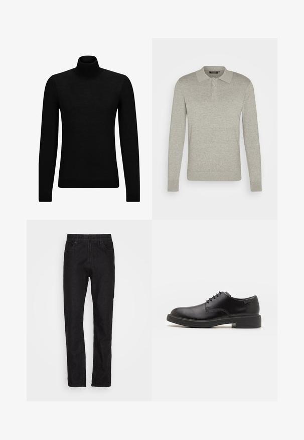 Maglione a collo alto nero realizzato in materiale morbido, con maniche lunghe e vestibilità aderente. Bordo a coste all'orlo e ai polsini. Design semplice.; Polo a maniche lunghe grigio chiaro realizzato in tessuto morbido, con un colletto classico, patta con tre bottoni e polsini a costine.; Jeans in denim nero con una vestibilità a gamba dritta, cinque tasche, chiusura con bottone e zip, caratterizzati da una finitura leggermente testurizzata.; Scarpa nera in pelle con lacci, punta tonda, texture liscia, cuciture minime e tacco in gomma basso. Logo sul tacco.