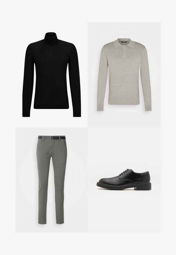 Crni dukserica s visokim ovratnikom, napravljena od mekanog materijala, s dugim rukavima i priljubljenim krojem. Rebrasti detalji na donjem rubu i rukavima. Jednostavan dizajn.; Polo majica dugih rukava svijetlosive boje, izrađena od mekog materijala, s tri dugmeta i rebrastim rukavima, s klasičnim dizajnom ovratnika.; Sivi pamukasti chinos hlače slim kroja, s crnim remenom, dva bočna džepa i jednostavnim dizajnom. Mekana tekstura bez vidljivih uzoraka.; Crne kožne cipele s vezanjem i zaobljenim vrhom, glatke teksture, minimalnim šavovima i niskim gumiranim potplatom. Logo se nalazi na peti.