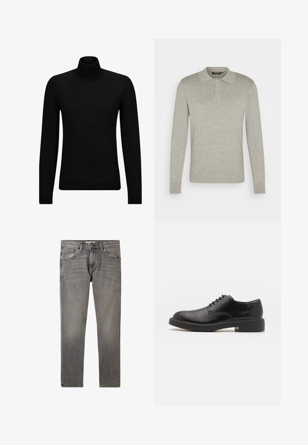 Maglione a collo alto nero realizzato in materiale morbido, con maniche lunghe e vestibilità aderente. Bordo a coste all'orlo e ai polsini. Design semplice.; Polo a maniche lunghe grigio chiaro realizzato in tessuto morbido, con un colletto classico, patta con tre bottoni e polsini a costine.; Jeans in denim grigio con un classico design a gamba dritta, sbiaditura minimale, tasche frontali e chiusura a bottone metallico in vita.; Scarpa nera in pelle con lacci, punta tonda, texture liscia, cuciture minime e tacco in gomma basso. Logo sul tacco.