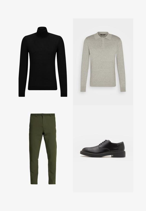 Černý rolák vyrobený z měkkého materiálu, s dlouhými rukávy a těsným střihem. Hladký lem na spodním okraji a manžetách. Jednoduchý design.; Pánská dlouhá šedá polo košile vyrobená z měkké tkaniny, s tříknoflíkovým zapínáním a žebrovanými manžetami, s klasickým designem límce.; Olivově zelené kalhoty s úzkým střihem, vyrobené z hladkého a odolného materiálu. Mají zipový lem, zapínání na knoflík a standardní kapsy.; Černé kožené šněrovací boty s kulatou špičkou, hladkým povrchem, minimálním prošíváním a nízkým gumovým podpatkem. Logo na patě.