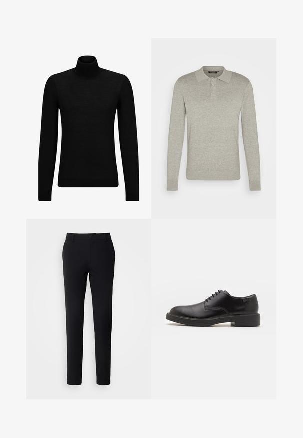 Crni dukserica s visokim ovratnikom, napravljena od mekanog materijala, s dugim rukavima i priljubljenim krojem. Rebrasti detalji na donjem rubu i rukavima. Jednostavan dizajn.; Polo majica dugih rukava svijetlosive boje, izrađena od mekog materijala, s tri dugmeta i rebrastim rukavima, s klasičnim dizajnom ovratnika.; Crne krojene hlače od glatke tkanine, s uskim krojem, zatvaranjem na dugme i bez vidljivih uzoraka ili akcenta.; Crne kožne cipele s vezanjem i zaobljenim vrhom, glatke teksture, minimalnim šavovima i niskim gumiranim potplatom. Logo se nalazi na peti.