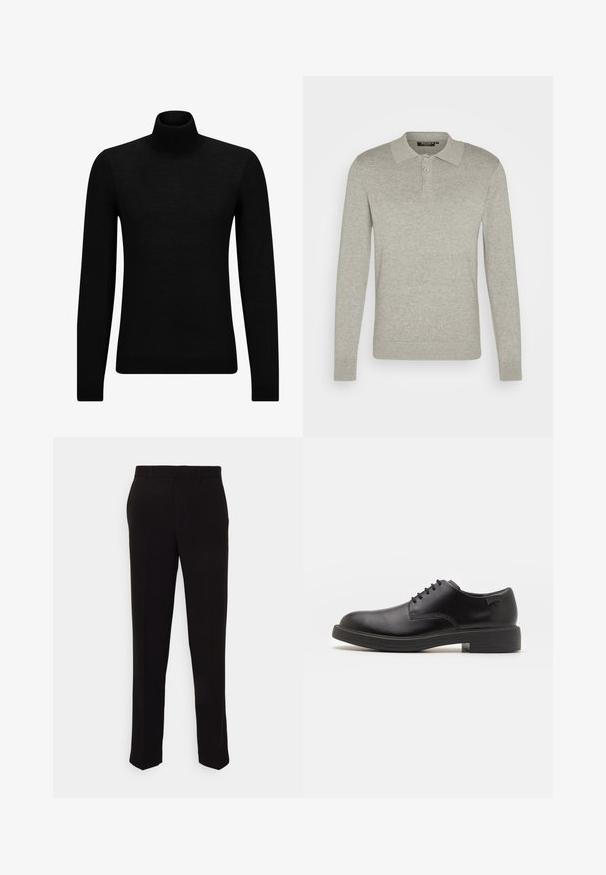 Svart polotröja gjord av mjukt material, med långa ärmar och en åtsittande passform. Ribbat avslut vid fåll och ärmslut. Enkelt mönster.; Långärmad ljusgrå polotröja i mjukt tyg, med en knäppning med tre knappar och ribbade ärmslut, samt en klassisk kragsdesign.; Svarta byxor i rak passform, med en slät yta och utan synliga mönster eller detaljer. Klassisk design med en ren silhuett.; Svart läder snörsko med rund tå, slät yta, minimal söm och låg gummihäl. Logotyp på hälen.