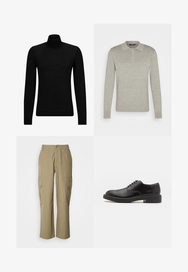 Zwarte coltrui van zacht materiaal, met lange mouwen en een snug fit. Geribbelde afwerking aan de onderkant en mouwen. Eenvoudig ontwerp.; Lange mouwen lichtgrijze polo shirt gemaakt van zachte stof, met een drie-knopen sluiting en geribbelde mouwen, met een klassiek kraagontwerp.; Beige cargobroek van lichtgewicht stof, met twee zijzakken, een knoopsluiting en een recht model.; Zwarte leren veterschoen met een ronde neus, een gladde textuur, minimale stiksels en een lage rubberen hak. Logo op de hak.