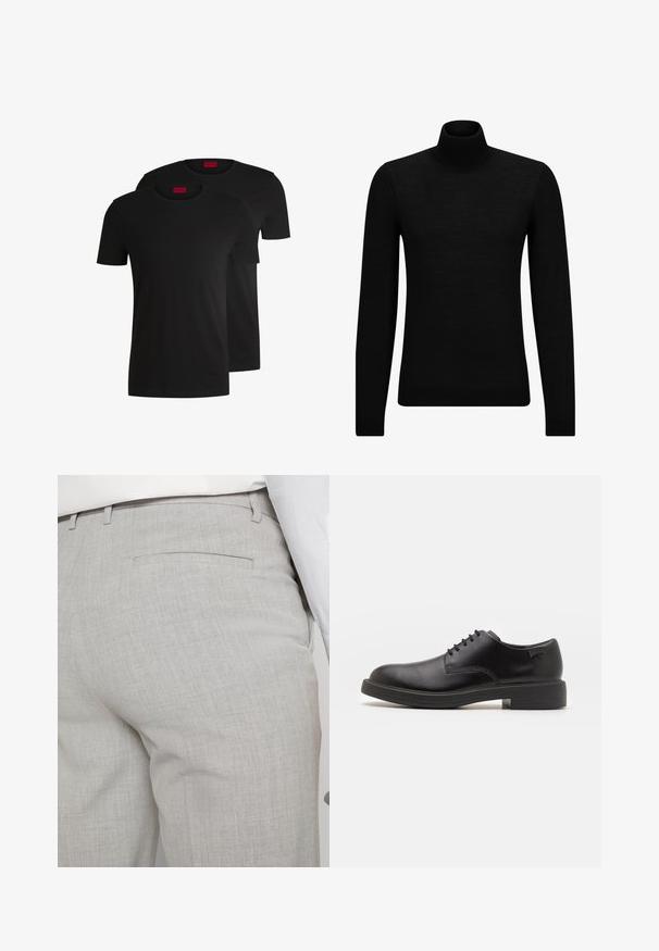 Black turtleneck sweater made of soft material, featuring long sleeves and a snug fit. Ribbed trim at the hem and cuffs. Simple design.; Two black cotton t-shirts with short sleeves and crew necks. Both feature a red brand label at the neckline. Simple, classic design.; Light gray tailored trousers made of textured fabric, featuring a single back pocket and clean stitching.; Black leather lace-up shoe with a rounded toe, smooth texture, minimal stitching, and a low rubber heel. Logo on the heel.