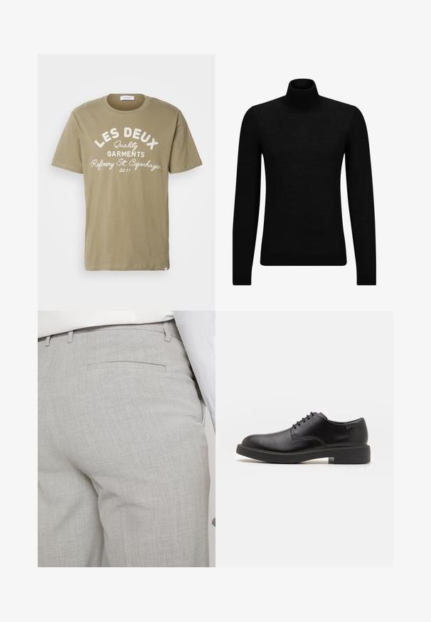 Musthave muströid ja pehmest materjalist must turtleneck, millel on pikad varrukad ja tihe istuvus. Ribaga ääris allservas ja vöökohal. Lihtne disain.; Oliivroheline puuvillane T-särk, millel on ümar kaelus ja valge kiri: "LES DEUX Quality Garments Refinery St. Copenhagen 2011." Pehme tekstuur.; Heledat hallid kohandatud püksid tekstuurse kangaga, millel on üks tagatasku ja puhas õmblus.; Must beemel levalis kingad ümarate varvastega, sileda pinnaga, minimaalsete õmblustega ja madala kummist kontsaga. Logo kontsa peal.