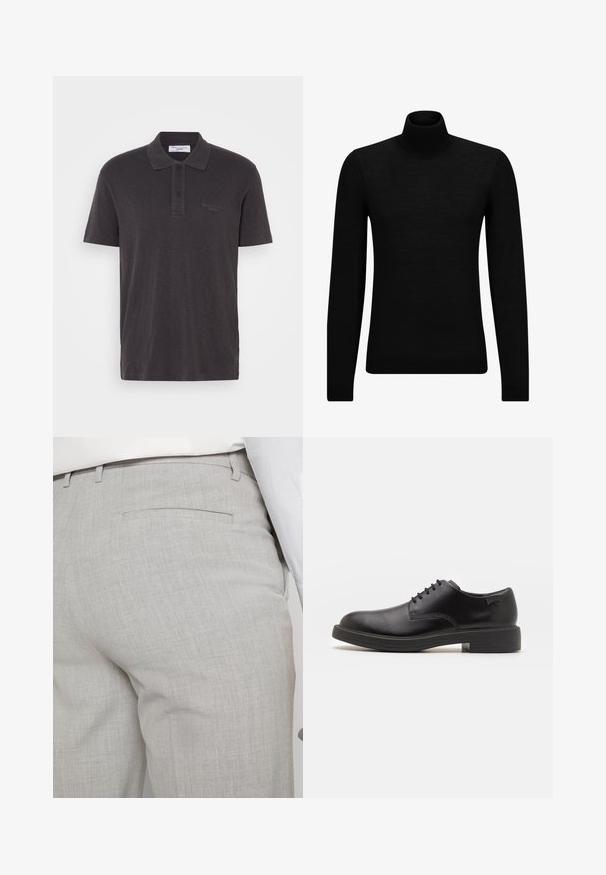 Zwarte coltrui van zacht materiaal, met lange mouwen en een snug fit. Geribbelde afwerking aan de onderkant en mouwen. Eenvoudig ontwerp.; Donkergrijze polo met korte mouwen, gemaakt van zachte stof, met een knoopsluiting met twee knopen en een subtiele logo op de linkerborst.; Lichtgrijze, op maat gemaakte broek van gestructureerde stof, met een enkele achterzak en nette stiksels.; Zwarte leren veterschoen met een ronde neus, een gladde textuur, minimale stiksels en een lage rubberen hak. Logo op de hak.