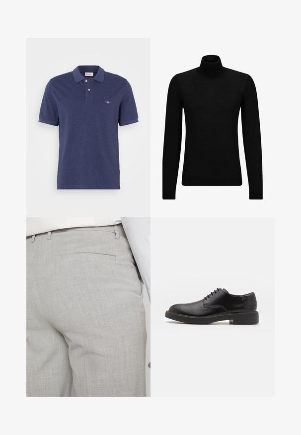 Musthave muströid ja pehmest materjalist must turtleneck, millel on pikad varrukad ja tihe istuvus. Ribaga ääris allservas ja vöökohal. Lihtne disain.; Tumedan polo särk, mis on valmistatud puuvillast, klassikalise krae, kahe nööbi ja rinnal oleva väikese brodeeritud logoga.; Heledat hallid kohandatud püksid tekstuurse kangaga, millel on üks tagatasku ja puhas õmblus.; Must beemel levalis kingad ümarate varvastega, sileda pinnaga, minimaalsete õmblustega ja madala kummist kontsaga. Logo kontsa peal.