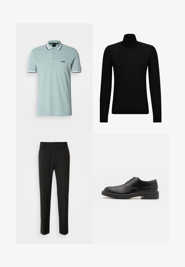 Svart polotröja gjord av mjukt material, med långa ärmar och en åtsittande passform. Ribbat avslut vid fåll och ärmslut. Enkelt mönster.; Ljusgrön polo skjorta med en treknapps placket, svart- och vitrandig krage, samt logotyp på vänster bröst. Mjuk och andningsbar tyg.; Svarta byxor tillverkade av slät tyg, med raka ben, knappstängning och en klassisk design som passar för både formell och avslappnad användning.; Svart läder snörsko med rund tå, slät yta, minimal söm och låg gummihäl. Logotyp på hälen.
