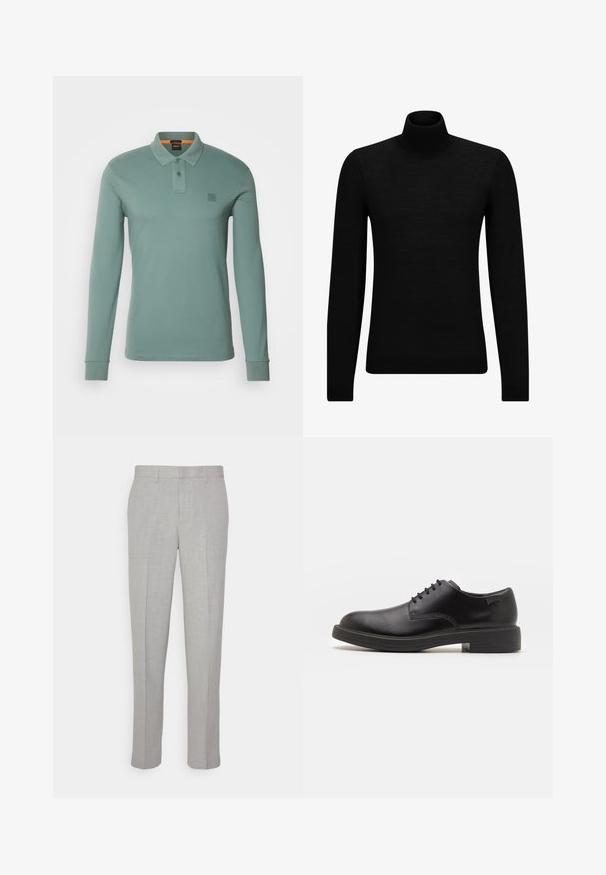 Schwarzer Rollkragenpullover aus weichem Material mit langen Ärmeln und enger Passform. Rippbesatz am Saum und an den Bündchen. Einfaches Design.; BOSS PASSERBY - Poloshirt - open green; Hellgraue Hose mit glatter Textur, flachem Front und geraden Beinen. Aus atmungsaktivem Material gefertigt, mit Innentaschen und Gürtelschlaufen.; Schwarzer Leder-Schnürschuh mit abgerundetem Zeh, glatter Textur, minimaler Naht und niedrigem Gummiabsatz. Logo auf der Ferse.