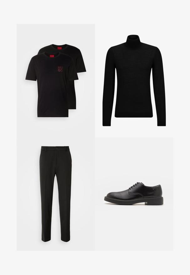 Czarny sweter z golfem wykonany z miękkiego materiału, z długimi rękawami i dopasowanym krojem. Żebrowane wykończenie na dolnym brzegu i mankietach. Prosty design.; Dwie czarne bawełniane koszulki T-shirt z okrągłym dekoltem. Z przodu znajduję się czerwone logo "HUGO" na piersi. Prosty design, krótkie rękawy i standardowy krój.; Czarne spodnie z gładkiego materiału, z prostymi nogawkami, z zapięciem na guzik i klasycznym wzornictwem, odpowiednie zarówno na formalne, jak i codzienne okazje.; Czarny skórzany but za kostkę z okrągłym noskiem, gładką fakturą, minimalnym przeszyciem i niskim gumowym obcasem. Logo na pięcie.