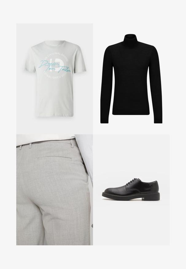Svart genser med høy hals laget av mykt materiale, med lange ermer og en tettsittende passform. Ribbestrikket kant nederst og ved ermene. Enkelt design.; Lys grå bomull T-skjorte med korte ermer, med et sirkulært logo trykk i hvitt og tealfarge, som sier "Denim Tom Tailor" og "Etablert 2007."; Lysegrå skreddersydde bukser laget av teksturert stoff, med en enkelt baklomme og rene sømmer.; Svart lær snøre sko med rund tå, glatt tekstur, minimal søm, og lav gummihæl. Logo på hælen.