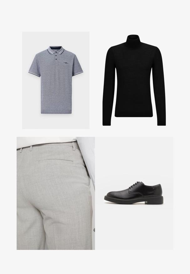 Sort turtleneck sweater lavet af blødt materiale, med lange ærmer og en tætsiddende pasform. Ribbet trim ved kanten og manchetter. Simpelt design.; Grå polo shirt med kontrasterende navy- og hvidstribede krave, tre-knaps placket og diskret logo-detail på brystet.; Lysegrå skræddersyede bukser lavet af tekstureret stof, med en enkelt baglomme og ren syning.; Sorte læder snørestøvle med rund tå, glat tekstur, minimal syning og lav gummihæl. Logo på hælen.