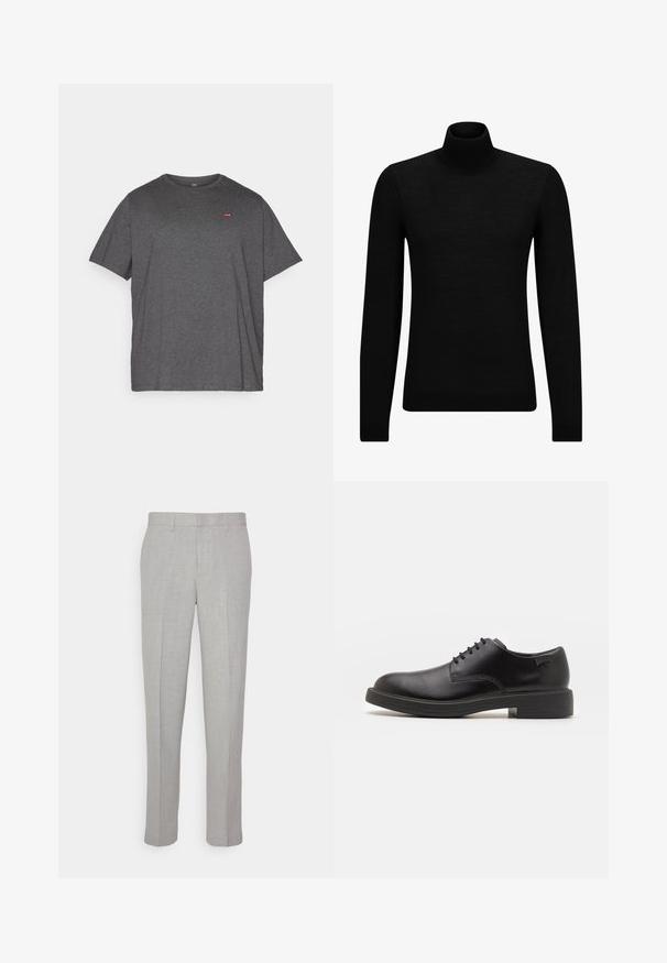 Jersey de cuello alto negro hecho de un material suave, con mangas largas y un ajuste ceñido. Ribete acanalado en el dobladillo y los puños. Diseño simple.; Levi's® Plus BIG ORIGINAL TEE - Camiseta básica - dark charcoal heather; Pantalones gris claro con una textura suave, frente plano y piernas rectas. Hechos de una tela transpirable, con bolsillos internos y pasadores para cinturón.; Zapato negro de cuero con cordones, punta redondeada, textura suave, costuras mínimas y tacón bajo de goma. Logo en el tacón.