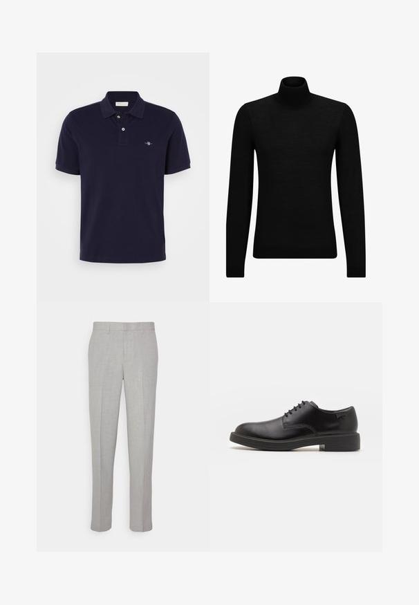 Maglione a collo alto nero realizzato in materiale morbido, con maniche lunghe e vestibilità aderente. Bordo a coste all'orlo e ai polsini. Design semplice.; Polo blu navy in cotone, con colletto classico, bottone a due, maniche corte e piccolo logo ricamato sul petto.; Pantaloni grigi chiari con una texture liscia, frontale piatto e gambe dritte. Realizzati in tessuto traspirante, dotati di tasche interne e passanti per cintura.; Scarpa nera in pelle con lacci, punta tonda, texture liscia, cuciture minime e tacco in gomma basso. Logo sul tacco.