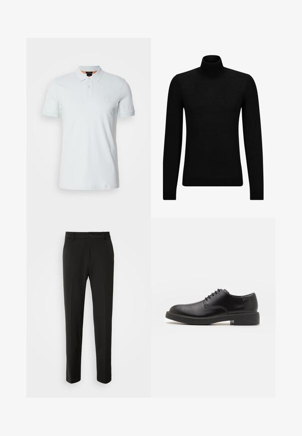 Juodas aukšto kaklo megztinis, pagamintas iš minkštos medžiagos, su ilgomis rankovėmis ir prigludusia forma. Su raukiniais apačioje ir rankogaliuose. Paprastas dizainas.; Šviesiai mėlynas polo marškinėliai, pagaminti iš švelnaus medvilnės, su klasikiniu apykakliu, dviem mygtukais ir mažuoju įspaustu logotipu ant krūtinės.; Juodi kelnes, pagamintos iš lygaus audinio, su tiesiomis kojomis, mygtuko uždarymu ir klasikiniu dizainu, tinkamu tiek formaliai, tiek kasdienei aprangai.; Juodas odinis batų modelis su raišteliais, apvaliu nosiu, lygiu paviršiumi, minimaliai siuvinėjimu ir žemu guminėmis pakulne. Ant pakulnės šalia logo.