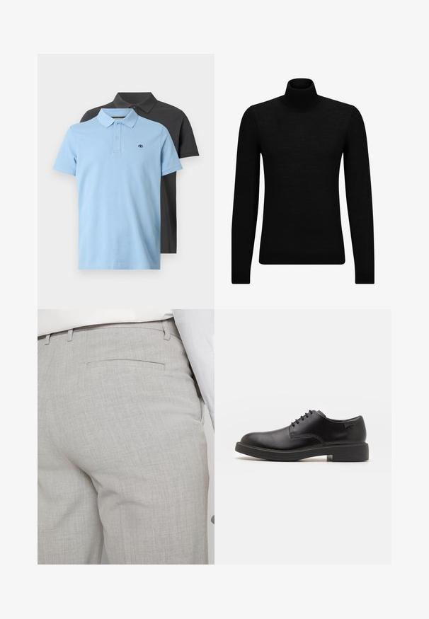 Černý rolák vyrobený z měkkého materiálu, s dlouhými rukávy a těsným střihem. Hladký lem na spodním okraji a manžetách. Jednoduchý design.; Dvoje polo triček: jedno světle modré s límečkem a knoflíky a jedno tmavě šedé. Obě mají malé logo na hrudi a krátké rukávy.; Světlounce šedé kalhoty na míru z texturované látky, s jednou zadní kapsou a čistým prošitím.; Černé kožené šněrovací boty s kulatou špičkou, hladkým povrchem, minimálním prošíváním a nízkým gumovým podpatkem. Logo na patě.