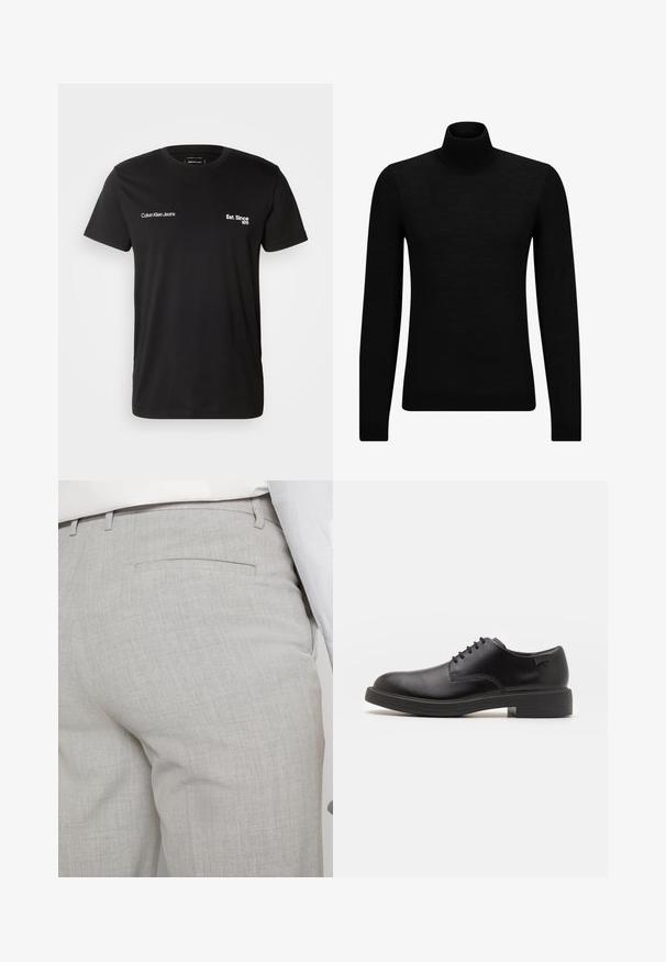 Sort turtleneck sweater lavet af blødt materiale, med lange ærmer og en tætsiddende pasform. Ribbet trim ved kanten og manchetter. Simpelt design.; Calvin Klein Jeans 1978 TEE - T-shirts print - black; Lysegrå skræddersyede bukser lavet af tekstureret stof, med en enkelt baglomme og ren syning.; Sorte læder snørestøvle med rund tå, glat tekstur, minimal syning og lav gummihæl. Logo på hælen.