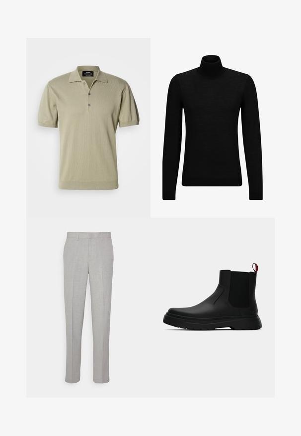Pulôver de gola alta preto, feito de material suave, com mangas longas e ajuste justo. Acabamento canelado na barra e punhos. Design simples.; Polo de mangas curtas em tecido de malha verde-oliva claro, com colarinho plano, pala com três botões e bainha canelada.; Calças cinza claro com uma textura suave, frente lisa e pernas rectas. Feitas de um tecido respirável, com bolsos internos e passantes para cinto.; Botim preto até ao tornozelo com um acabamento liso, painéis laterais elásticos e uma pega vermelha em contraste, com uma sola de borracha espessa e bico arredondado.