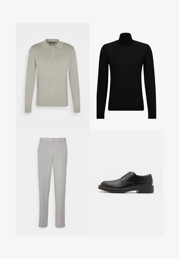 Musthave muströid ja pehmest materjalist must turtleneck, millel on pikad varrukad ja tihe istuvus. Ribaga ääris allservas ja vöökohal. Lihtne disain.; Pikkade varrukatega heledashall polo särk, mis on valmistatud pehmest kangast. Särgil on kolm nuppu, ribiga mansetid ja klassikaline kraedesign.; Heledad hallid püksid sileda tekstuuriga, lame esiots ja sirged sääred. Valmistatud hingavast kangast, millel on sisepocketid ja vöölõngad.; Must beemel levalis kingad ümarate varvastega, sileda pinnaga, minimaalsete õmblustega ja madala kummist kontsaga. Logo kontsa peal.