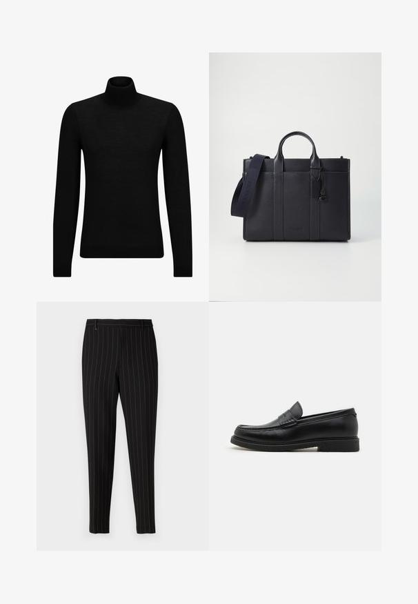 Melnā augstā kakla džemperis, kas izgatavots no mīksta materiāla, ar garām piedurknēm un pieguļušu piegriezumu. Ribota apdare ap apakšu un piedurknēm. Vienkāršs dizains.; Melni bikses ar plānām vertikālām svītrām, piegriezts fasonā, priekšējām kabatām un jostas cilpām. Izgatavotas no gludas, teksturētas auduma.; Melni ādas mokasīni ar noapaļotu pirkstu, dekoratīvo šuvju detaļām un strukturētu gumijas zoli, ar zemu papēdi.; Tumši jūras zila ādas portfelis ar divām augšējām rokturiem un noņemamu siksnu. Ar teksturētu apdari, vertikālām šuvēm un logo detaļu.