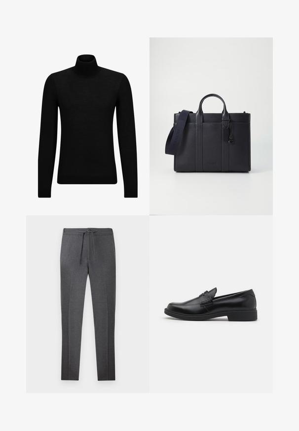 Černý rolák vyrobený z měkkého materiálu, s dlouhými rukávy a těsným střihem. Hladký lem na spodním okraji a manžetách. Jednoduchý design.; Tmavě šedé zúžené kalhoty s elastickým pasem a stahovací šňůrkou, se subtilními vrypy po přední části.; Černé kožené loafers s kulatou špičkou, zvýšeným švem na svršku a plochou gumovou podrážkou. Hladký povrch, klasický design.; Tmavě námořnická kožená aktovka s dvojitými horními rukojeťmi a odnímatelným popruhem. Má texturovaný povrch, vertikální švy a detail s logem.