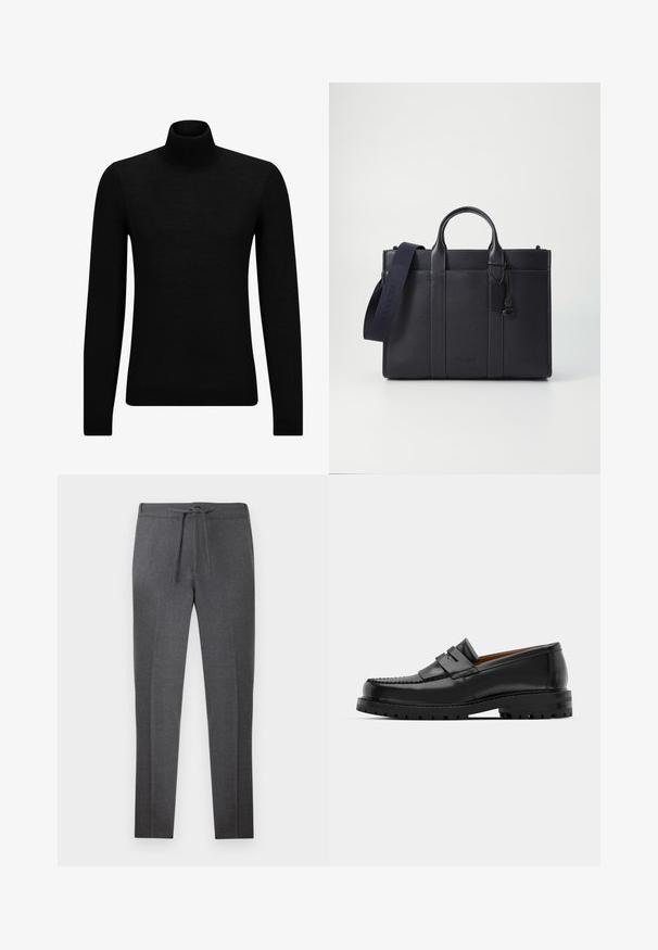 Maglione a collo alto nero realizzato in materiale morbido, con maniche lunghe e vestibilità aderente. Bordo a coste all'orlo e ai polsini. Design semplice.; Pantaloni neri a sigaretta con elastico in vita e cordino, caratterizzati da pieghe sottili lungo la parte anteriore.; I mocassini in pelle nera presentano una cucitura sollevata, due fasce decorative sulla parte superiore e una suola spessa e texture per una maggiore aderenza.; Cartella in pelle blu scuro con doppio manico superiore e tracolla removibile. Presenta una finitura texturizzata, cuciture verticali e dettaglio del logo.