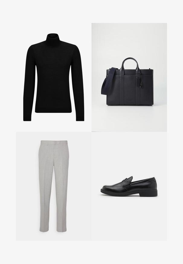 Melnā augstā kakla džemperis, kas izgatavots no mīksta materiāla, ar garām piedurknēm un pieguļušu piegriezumu. Ribota apdare ap apakšu un piedurknēm. Vienkāršs dizains.; Gai pelēki bikses ar gludu tekstūru, plakanu priekšpusi un taisnām kājām. Izgatavotas no elpojoša auduma, ar iekšējām kabatām un jostu cilpām.; Melnas ādas loafers ar noapaļotu purngalu, izceltiem šuvumiem uz virsmas un plakanu gumijas zoli. Gluda tekstūra, klasiskā dizaina izskats.; Tumši jūras zila ādas portfelis ar divām augšējām rokturiem un noņemamu siksnu. Ar teksturētu apdari, vertikālām šuvēm un logo detaļu.