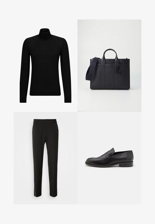Black turtleneck sweater made of soft material, featuring long sleeves and a snug fit. Ribbed trim at the hem and cuffs. Simple design.; Black trousers made of smooth fabric, featuring straight legs, a button closure, and a classic design suitable for formal or casual wear.; Black leather loafers with a rounded toe and subtle stitching details. Smooth texture and low heel with branding on the back.; Dark navy leather briefcase with dual top handles and a detachable strap. Features textured finish, vertical stitching, and logo detail.