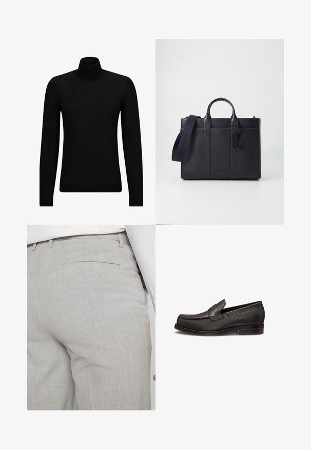 Čierny rolák vyrobený z jemného materiálu, s dlhými rukávmi a tesným strihom. Hranatý lem a manžety s ribbed úpravou. Jednoduchý dizajn.; Svetlosivé nohavice na mieru vyrobené zo štruktúrovanej látky, s jedným zadným vreckom a čistým prešívaním.; Hnedé kožené mokasíny s hladkou textúrou, zaoblenou špičkou, prešívaním a nízkym blokovým podpätkom. Dizajn na obúvanie s predným pásikom ako akcentom.; Tmavomodrá kožená aktovka s dvoma hornými uchami a odnímateľným popruhom. Disponuje textúrovaným povrchom, vertikálnym prešívaním a detailom loga.