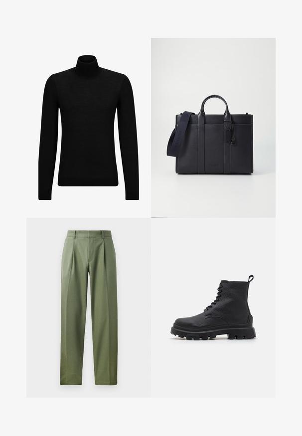 Jersey de cuello alto negro hecho de un material suave, con mangas largas y un ajuste ceñido. Ribete acanalado en el dobladillo y los puños. Diseño simple.; Pantalones a medida en tejido verde olivo con una textura suave, que cuentan con dos pliegues frontales, trabillas para el cinturón y un diseño de pierna recta.; Botín negro de piel con acabado texturizado, diseño con cordones, suela resistente y lengüeta en el talón. Marcado con "HUGO" en el lateral.; Maletín de cuero negro marino con dos asas superiores y una correa desmontable. Presenta un acabado texturizado, costura vertical y detalle del logo.