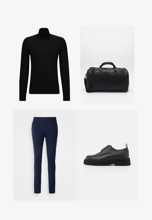 Pulover negru cu guler înalt, realizat dintr-un material moale, cu mâneci lungi și o croială ajustată. Tiv și mansete cu margine ondulată. Design simplu.; Pantaloni slim-fit de culoare bleu marin, cu front plat, fermoar și închidere cu buton. Confecționați dintr-un material neted și elastic pentru confort.; Pantofii din piele neagră, cu șireturi, au vârful rotunjit, talpa groasă neagră și cusături decorative de-a lungul marginii. Textură netedă.; Geanta duffel neagră, realizată dintr-un material sintetic texturat. Dispune de două mânere și o curea de umăr ajustabilă. Design simplu, fără modele vizibile.