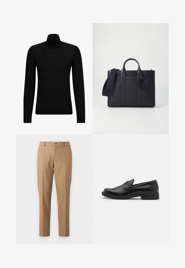 Black turtleneck sweater made of soft material, featuring long sleeves and a snug fit. Ribbed trim at the hem and cuffs. Simple design.; Tan tailored trousers with a straight-leg design, featuring a single front crease, a button closure, and subtle stitching details.; Black leather loafers with a rounded toe, raised stitching detail on the vamp, and a flat rubber sole. Smooth texture, classic design.; Dark navy leather briefcase with dual top handles and a detachable strap. Features textured finish, vertical stitching, and logo detail.
