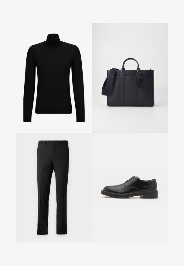 Black turtleneck sweater made of soft material, featuring long sleeves and a snug fit. Ribbed trim at the hem and cuffs. Simple design.; Black trousers with a tailored fit, featuring a flat front, two creases, belt loops, and a smooth texture. No visible patterns or hardware.; Black leather lace-up shoe with a rounded toe, smooth texture, minimal stitching, and a low rubber heel. Logo on the heel.; Dark navy leather briefcase with dual top handles and a detachable strap. Features textured finish, vertical stitching, and logo detail.