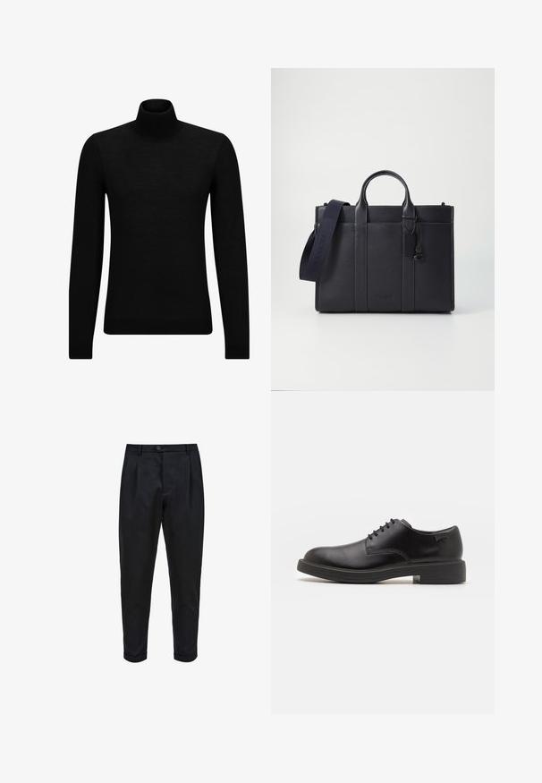 Crni dukserica s visokim ovratnikom, napravljena od mekanog materijala, s dugim rukavima i priljubljenim krojem. Rebrasti detalji na donjem rubu i rukavima. Jednostavan dizajn.; Crne hlače od glatkog materijala, s plisiranim prednjim dijelom, suženim krojem i zavrnutim manžetama. Jednostavno kopčanje na gumbe u struku.; Crne kožne cipele s vezanjem i zaobljenim vrhom, glatke teksture, minimalnim šavovima i niskim gumiranim potplatom. Logo se nalazi na peti.; Tamno plavi kožni aktovka s dvije gornje ručke i odvojivim remenom. Ima teksturiranu površinu, vertikalno šivenje i detalj s logotipom.
