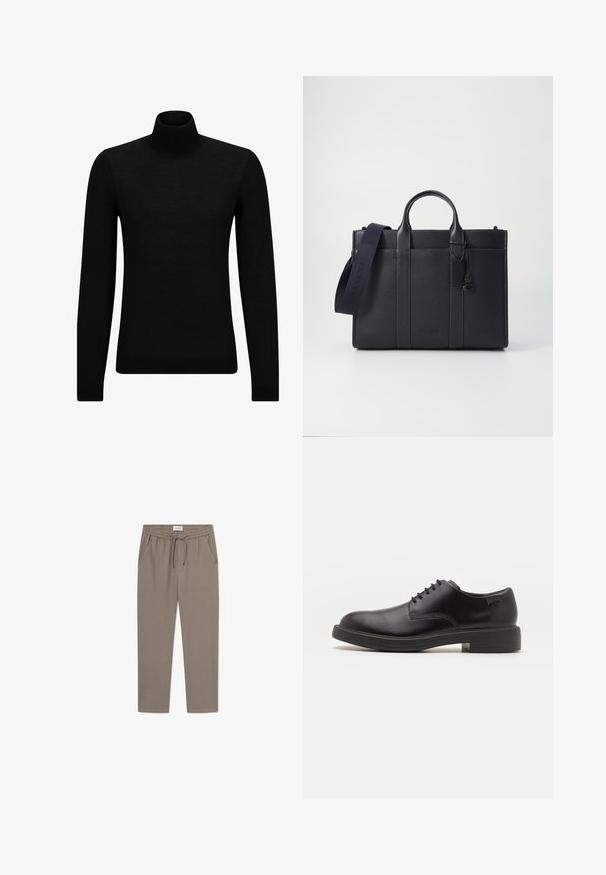 Pulover negru cu guler înalt, realizat dintr-un material moale, cu mâneci lungi și o croială ajustată. Tiv și mansete cu margine ondulată. Design simplu.; Pantaloni de trening gri, cu talie elastică, șnur de ajustare și buzunare laterale. Materialul pare neted, având o croială lejeră și picioare conice.; Pantofii din piele neagră, cu șireturi, au vârful rotunjit, o textură netedă, cusături minime și un toc de cauciuc scăzut. Logo pe toc.; Servietă din piele de culoare albastru închis, cu două mânere superioare și o curea detasabilă. Prezintă un finisaj texturat, cusături verticale și detalii cu logo.