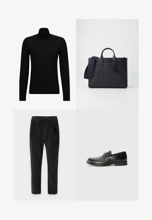 Black turtleneck sweater made of soft material, featuring long sleeves and a snug fit. Ribbed trim at the hem and cuffs. Simple design.; Corduroy trousers in dark grey, featuring vertical ribbing, a button closure, and side pockets with a tapered fit. Soft texture.; Black leather loafers with a rounded toe, featuring a stitched design, a small front strap with hardware detailing, and a flat rubber sole.; Dark navy leather briefcase with dual top handles and a detachable strap. Features textured finish, vertical stitching, and logo detail.