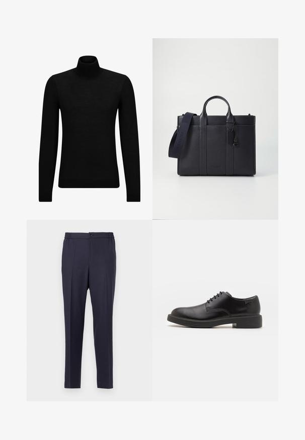 Crni dukserica s visokim ovratnikom, napravljena od mekanog materijala, s dugim rukavima i priljubljenim krojem. Rebrasti detalji na donjem rubu i rukavima. Jednostavan dizajn.; Nautičke plave hlače s ravnim prednjim dijelom, elastičnim pojasom i zatvaranjem na gumb. Ravnog su kroja i glatke teksture, prikladne za formalne ili svakodnevne prilike.; Crne kožne cipele s vezanjem i zaobljenim vrhom, glatke teksture, minimalnim šavovima i niskim gumiranim potplatom. Logo se nalazi na peti.; Tamno plavi kožni aktovka s dvije gornje ručke i odvojivim remenom. Ima teksturiranu površinu, vertikalno šivenje i detalj s logotipom.
