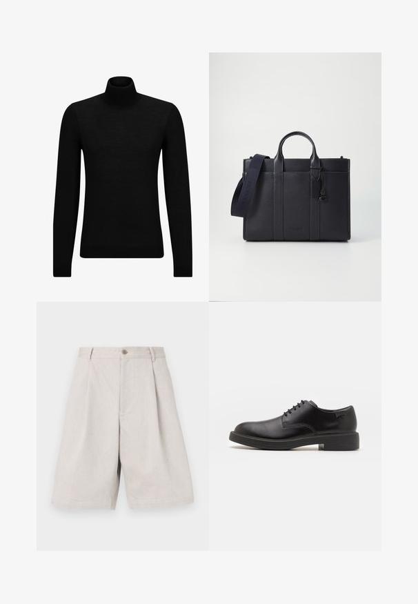 Černý rolák vyrobený z měkkého materiálu, s dlouhými rukávy a těsným střihem. Hladký lem na spodním okraji a manžetách. Jednoduchý design.; Světlé šedé lněné šortky se širokým střihem, s předním zapínáním na knoflík a jemnými puky pro zvýšení textury.; Černé kožené šněrovací boty s kulatou špičkou, hladkým povrchem, minimálním prošíváním a nízkým gumovým podpatkem. Logo na patě.; Tmavě námořnická kožená aktovka s dvojitými horními rukojeťmi a odnímatelným popruhem. Má texturovaný povrch, vertikální švy a detail s logem.