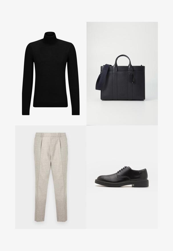 Črna turtleneck pulover iz mehkega materiala, z dolgimi rokavi in tesnim prileganjem. R ibana obroba na robu in rokavih. Preprosta zasnova.; Svetlo sivi krojeni hlače iz teksturirane tkanine, z ravnim prednjim delom, dvema sprednjima rukavoma in ozkimi, ožjimi nogami, ki se končajo tik nad gležnji.; Črne usnjene čipkaste čevlje z zaobljenim nosom, gladko teksturo, minimalnim šitjem in nizkim gumijastim peto. Logo na peti.; Temno mornarsko usnjeno aktovko z dvema zgoraj ročaji in odstranljivim trakom. Ima teksturirano površino, navpične šive in podrobnost z logotipom.