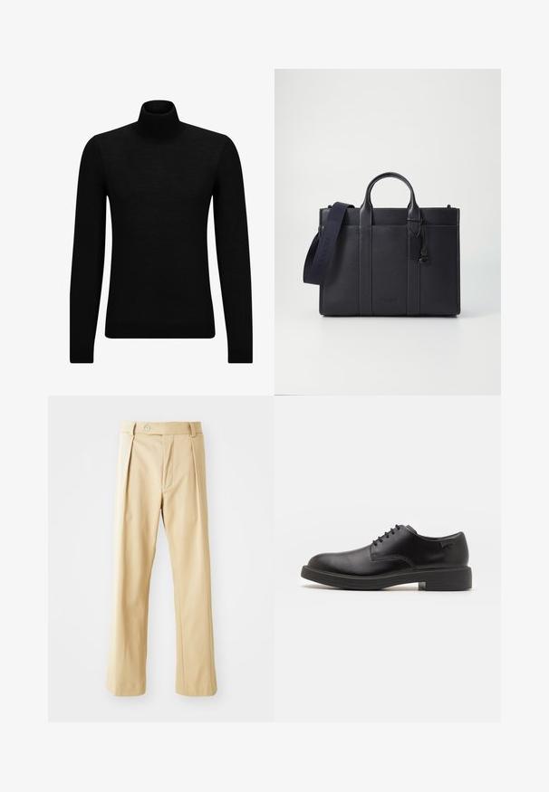 Sort turtleneck sweater lavet af blødt materiale, med lange ærmer og en tætsiddende pasform. Ribbet trim ved kanten og manchetter. Simpelt design.; Beige bukser med lige ben-design, der har frontfoldninger, en knaplukning og en glat tekstur. Ingen synlige mønstre eller accenter.; Sorte læder snørestøvle med rund tå, glat tekstur, minimal syning og lav gummihæl. Logo på hælen.; Mørkeblå læderaktet med dobbelte topgreb og en aftagelig rem. Har tekstureret overflade, lodret syning og logodetalje.