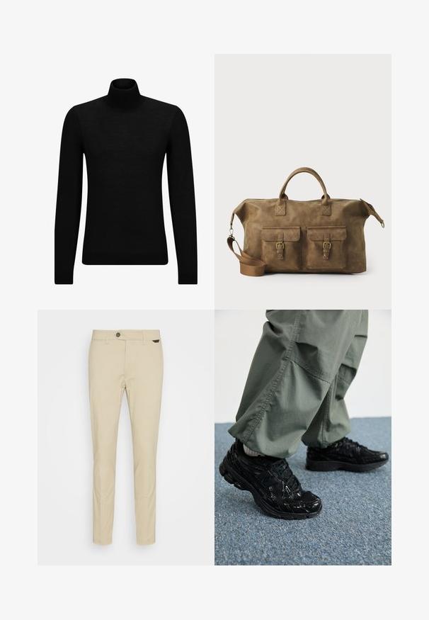 Črna turtleneck pulover iz mehkega materiala, z dolgimi rokavi in tesnim prileganjem. R ibana obroba na robu in rokavih. Preprosta zasnova.; Antony Morato TROUSERS MARK SLIM FIT - Hlače chino - sand; Črne športne superge z sijajnimi in mrežastimi teksturami, ki imajo debel podplat in vezalke, v kombinaciji z ohlapnimi olivno zelenimi cargo hlačami.; Rjav usnjen potovalni kovček z dvema sprednjima žepoma, nastavljivim ramenskim trakom, zlatim okovjem in trdnimi zgornjimi ročaji. Gladka tekstura.