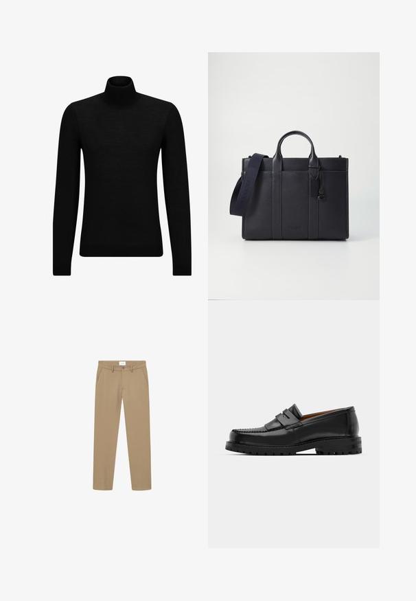 Čierny rolák vyrobený z jemného materiálu, s dlhými rukávmi a tesným strihom. Hranatý lem a manžety s ribbed úpravou. Jednoduchý dizajn.; Béžové nohavice s hladkým povrchom, rovný strih, predné vrecká a zapínanie na gombík. Označenie viditeľné na páse.; Čierne kožené mokasíny majú vystúpený šev, dve dekoratívne pásky na vrchu a hrubú textúrovanú podrážku pre lepšiu priľnavosť.; Tmavomodrá kožená aktovka s dvoma hornými uchami a odnímateľným popruhom. Disponuje textúrovaným povrchom, vertikálnym prešívaním a detailom loga.