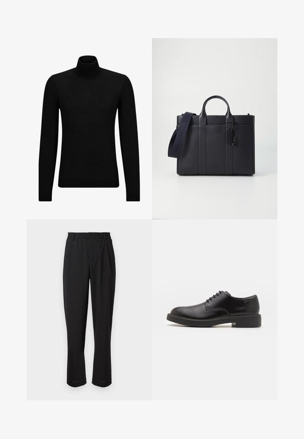 Black turtleneck sweater made of soft material, featuring long sleeves and a snug fit. Ribbed trim at the hem and cuffs. Simple design.; Black trousers with an elastic waistband, button closure, and straight leg design. Smooth fabric, no visible patterns or accents.; Black leather lace-up shoe with a rounded toe, smooth texture, minimal stitching, and a low rubber heel. Logo on the heel.; Dark navy leather briefcase with dual top handles and a detachable strap. Features textured finish, vertical stitching, and logo detail.